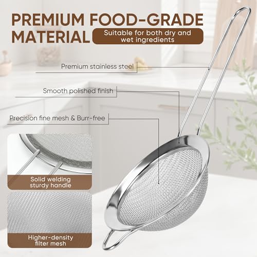 Fine Mesh Strainer Set 5 Pack, Stainless Steel Mini Small & Medium Sieves Colanders, Multipurpose Sifter Strainer for Tea, Pasta, Juice & Baking