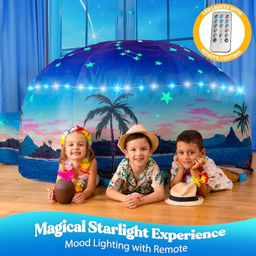 W&O Starlit Oasis Inflatable Fort with Lights & Sound - Fan Not Included | Starlit Oasis Aerodome with LED Lights, Sound Button, Glow-in-Dark Stars, Easy Entry/Exit. Fan Not Included, Ages 3-12 - color: Starlit Oasis