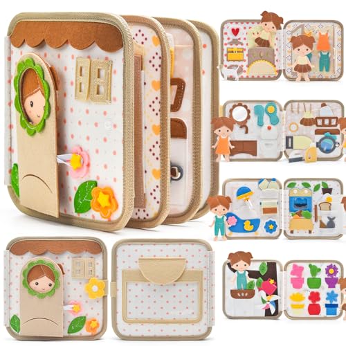Montessori Busy Book for Toddlers 1-3, Felt Quiet Book & Busy Board for Preschool Learning, Fine Motor Skills, Sensory Play, Educational Travel Toy & Gift – Pretend Play for Girls, Brown - style: Girl Daily-10 Pages