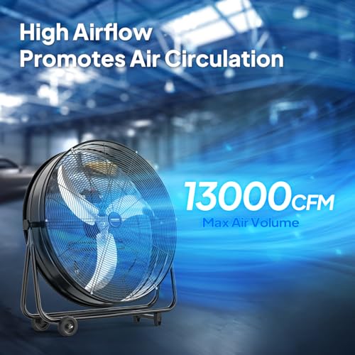 Bonnlo 30 inch Industrial Drum Fan, 13000CFM High Velocity Metal Floor Fan with Handle, 3-Speed, 360° Tilt, Heavy Duty, Air Circulator for Shop, Garage, Gym, Barn, Commercial, Black - size: 30'' (Black)