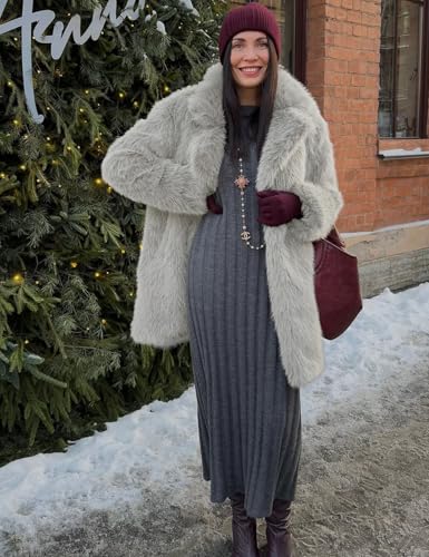 COZYPOIN Womens Faux Fur Coats Mid Long Warm Winter Fluffy Jackets | Shawl Collar, Long Sleeve, Pockets, Snap Button, Smooth Lining, Loose Fit, Fuzzy Shaggy Coat, for Daily Party Holiday Wear - color: Taupe, size: Medium