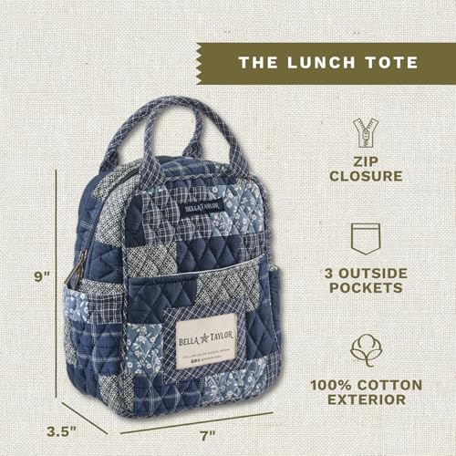 Bella Taylor Lunch Tote, Quilted Lunch Bag, Heritage Blue Patch | Lightweight quilted cotton lunch box, easy-to-clean PEVA lining, 3 outside/1 inside pocket, durable construction - color: Heritage Blue Patch