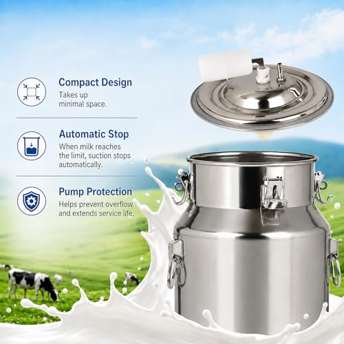 Electric Milking Machine for Goats and Cows, 14L Portable Cow Milker Machine Pulsating Design with Adjustable Stainless Steel Milk Can and Silicone Tubing, Suitable for Small Farms and Home Use