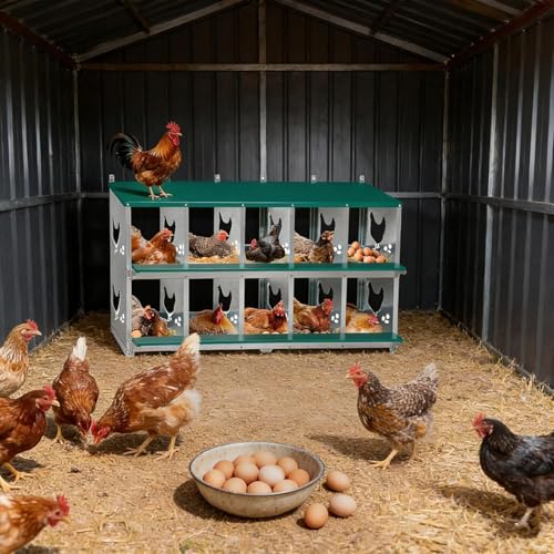 Chicken Nesting Box, 10 Compartments Nesting Box with 4 Fake Eggs & 10 Soft Nest Pads, Wall Mounting for Easy Egg Collection, Heavy Duty Galvanized Steel Rustproof Laying Box with Vented & Easy Clean - size: 10 compartment