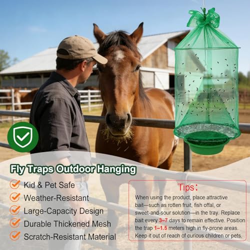 Reusable Outdoor Fly Trap Hanging Fly Catcher with Brush-4 Pack | Fly Cage Ranch Fly Traps with Bait Tray, Fly Control Killer Repellent Hunter Catcher for Barn Orchard Farm Horse Patio - size: 4 pack