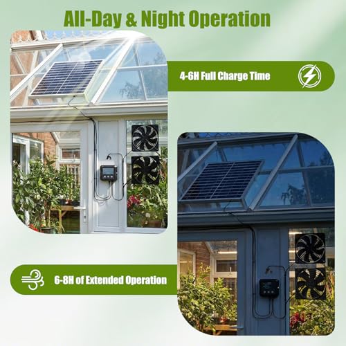 25W Solar Fan for Chicken Coop with Battery and 2000mAh Battery, 3 Smart Modes, 4.7" Dual Fans, Solar Shed Fan & Solar Exhaust Fan for Greenhouse, Dog House, Attic & Outdoor Cooling