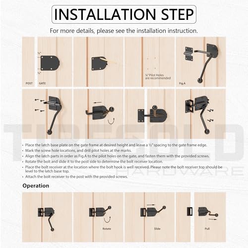 Slide Bolt Gate Latch, Heavy Duty Door Latch Hook Style, Sliding Gate Lock Latch with Ergonomic Round Handle, Black Gate Hardware for Outdoor Wooden Fence, Shed Door, Barn Door, 1 Pack