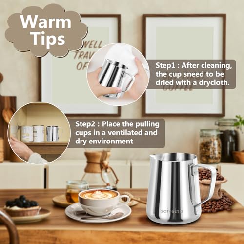 Saiveina Milk Frothing Pitcher, 12oz Milk Frother Cup Stainless Steel | Espresso Milk Pitcher, Milk Steamer Cup, Milk Jug, Milk Frother Pitcher, Milk Frothing Cup with Handle for Cappuccino Coffee - size: 12 Ounces (Jug)