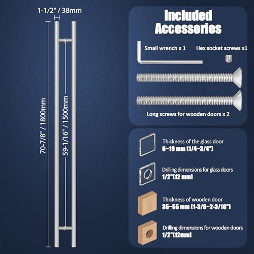 Ranbo 71" Door Pull Handle, 1.2mm 304 Stainless Steel, Brushed Nickel | 59-1/16" Hole Spacing, Fits 1/4"–3/4" Glass Doors and 1-3/8"–2-3/16" Wood Doors, for Entry, Commercial and Storefront Door - size: 71 inches/1.5 inches Cross Section Diameter
