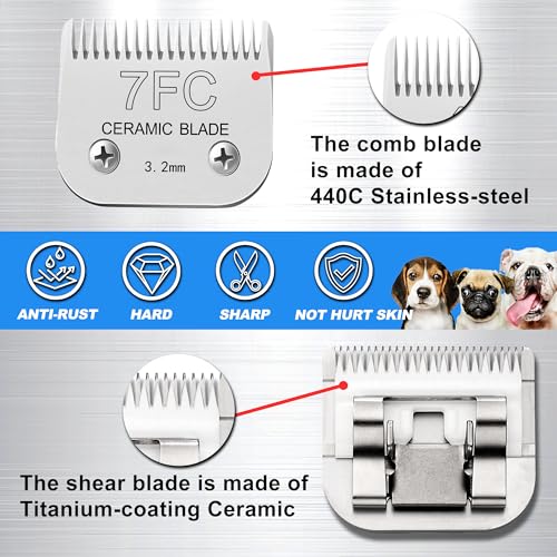 Detachable Pet Clipper Blades Dog Grooming Clipper Replacement Ceramic Blades, Compatible with Andis, Wahl, Oster(Size 7FC,Cut Length 3.2mm) - size: 7FC (3.2mm)