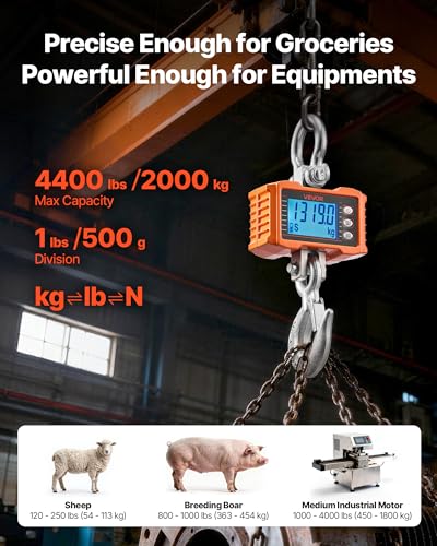 VEVOR Digital Crane Scale, 4400 lbs/2000 kg Max Capacity, Heavy Duty Industrial Hanging Scale with Cast Aluminum Case & LCD Display, 1 lbs Division & 3 Unit Switch, Remote Control for Garage Factory - style: 4400BLS