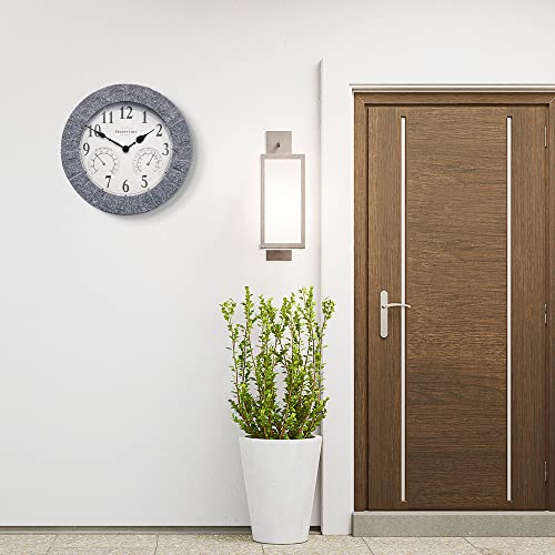 Sandstone Outdoor Clock | Weather Station with Thermometer & Hygrometer, 14", Gray Sandstone Finish, Outdoor Wall Décor
