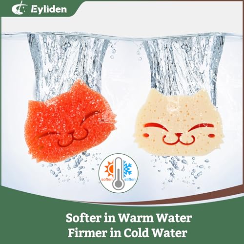 Eyliden 6 Pack Scrub Sponge, Dual-Sided, Smart-Temp Firmness, Dish Scrubber | Non-Scratch, Multi-Surface Safe Cleaning Sponges for Kitchen, Bathroom, Dish Scrubbing, Cute Cat Smile Design