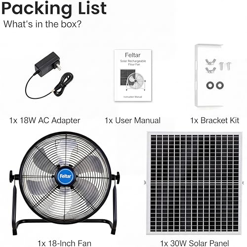 18in 30W solar panel fan Quiet 3-Blade Yellow | 30W High-Efficiency Solar Panel, Quiet, Waterproof, Rechargeable 24000mAh, For Outdoor, Camping, Pet House