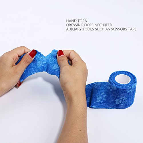 Pet Bandage Cohesive Bandage Self Adhering Wrap Tape, Multi-Function Elasticity Gauze Rolls Wrap First Aid Vet Tape for Dogs Cats Horses Birds Ankle Sprain (White and Blue)
