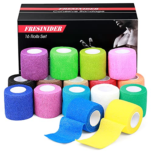 FRESINIDER 16 Rolls Self Adhesive Wrap Athletic Tape Gauze,Medical Bandage,Breathable Elastic Cohesive Bandage for Sports Injury & Pet (Rainbow) - color: Rainbow