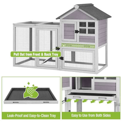 GUTINNEEN Large Rabbit Hutch Outdoor 2-Level Wooden Chicken Coop Indoor Weatherproof Bunny Cage Guinea Pig House with Waterproof Roof, Leak-Proof Pull Out Tray, Lockable Door for Small Animals (Grey) - color: Light Grey