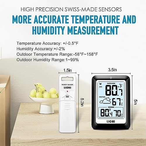 Indoor Outdoor Thermometer Wireless Weather Station, Internal External Thermometer Hygrometer, Home Batteryoperated Temperature Humiditymonitors330 Feet (About 100 Meters) Backlight Display (Black) - color: Black