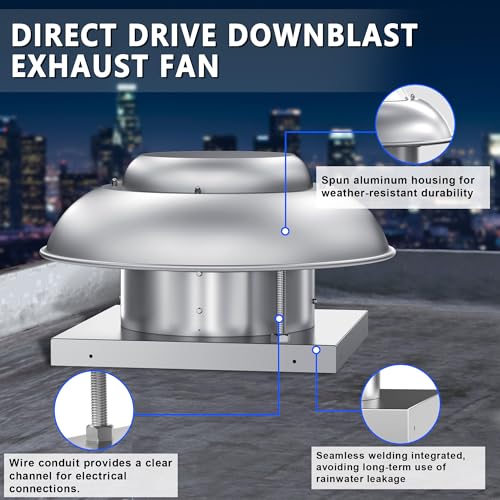 Roof Mounted Exhaust Fan Direct Drive Axial Downblast Exhaust Fan -21" Fan Base, 1/6 HP 1160 CFM 115 Volt Single Phase Motor - size: RMD14
