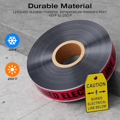 300 Feet Caution Buried Electric Line Below Red/Black Print Safety Tape with Above-Ground Caution Tag, 2 Inch x Foot 5 Mil, Detectable 2-Inch - style: Caution Buried Electric Line Below(300 Ft)