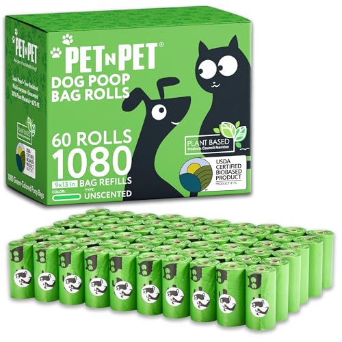 Pet N Pet Poop Bags for Dogs, 1080 Count, Plant Based, Unscented, Green | USDA Certified, 41%, Doggy, Leak-Proof, Refill, Waste, Tear-Resistant, Easy-Tear Design, dog waste bags - color: Pea Green - Unscented
