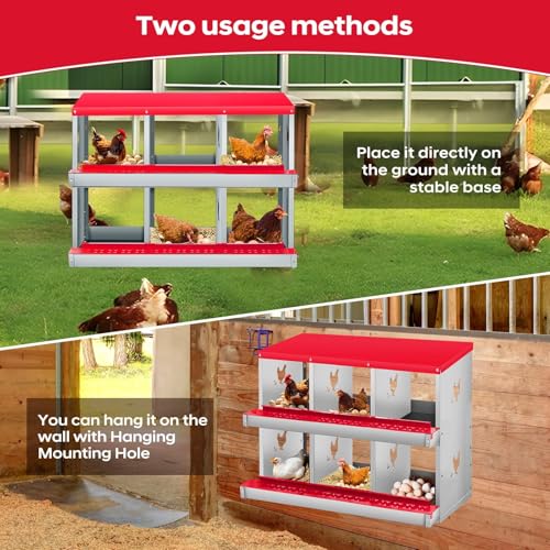 3-Compartment Chicken Nesting Box, Heavy Duty Galvanized Steel Poultry Nest Box, Wall Mount/Freestanding Design for Hens, Ducks, Backyard Homesteads & Farm Use, Red, 10 Mats &4 Eggs, No Stand - color: Red, size: 3 Room&Mat eggs