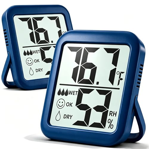 Antonki 2 Pack Room Thermometer Indoor Hygrometer | Monitor Temperature & Humidity, Accurate, Fast Read, Easy To View, Magnetic/Kickstand/Hanging, ℉/℃, w/ Battery, Compact - color: 2 Pcs* Navy Blue