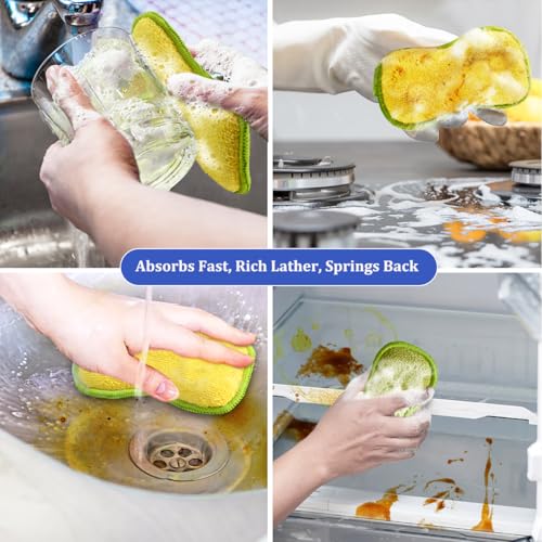 Dish Sponges Kitchen, 12 Pack Multi-Purpose Microfiber Scrub Sponge - Dual-Sided Heavy Duty Non-Scratch Scrubber, Reusable Cleaning Sponge for Dishes, Pots, Pans, Stovetop & Sink