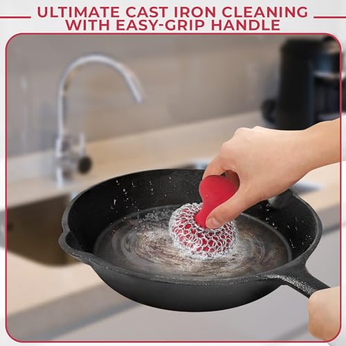 316L Chainmail Scrubber Cleaner Kit - Skillet Cleaner with Long Grip Handle | 316L Chainmail Scrubber + Pan Scraper + Long Handles - 316 Cast Iron Cleaner - Chain Mail Scrubber for Cast Iron Pans - style: Red CIS with Scraper (Handle)
