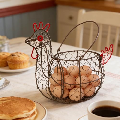 Chicken Egg Basket for Gatheirng Fresh Egg,Wire Egg basket | Rooster Shaped Egg Collection Basket,Metal Egg Collecting Basket with Handle, Farmhouse Countertop Decor Kitchen