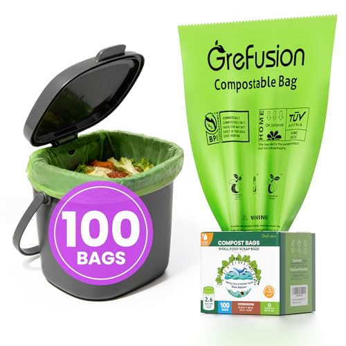 GreFusion 2.6 Gallon Compostable Trash Bags, 100 Count, Extra Thick 0.71 Mil, Certified by BPI and ASTM D6400, Perfect Fit for Small Trash Cans - color: 2.6G-100Count