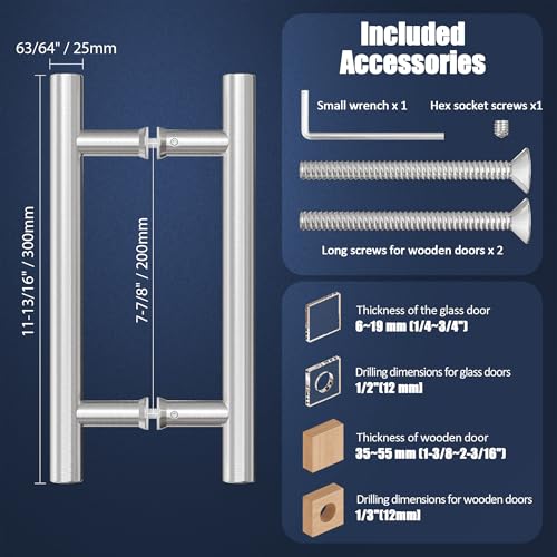 Ranbo 12" Door Pull Handle, 1.2mm 304 Stainless Steel, Brushed Nickel | 7-7/8" Hole Spacing, Fits 1/4"–3/4" Glass Doors and 1-3/8"–2-3/16" Wood Doors, for Shower, Barn and Storefront Door - size: 12 inches/0.98 inches Cross Section Diameter