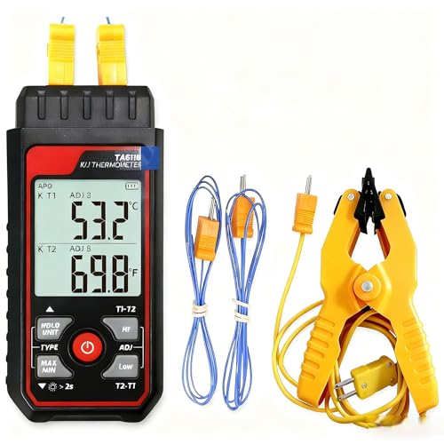 Thermocouple Thermometer, Digital Dual-Channel Thermometer(-328°F ~ 2501°F) with 1 HVAC Temperature Clamp and 2 Wired Thermocouple Probes, HVAC Temperature Meter with ADJ Compensation for K/J Type