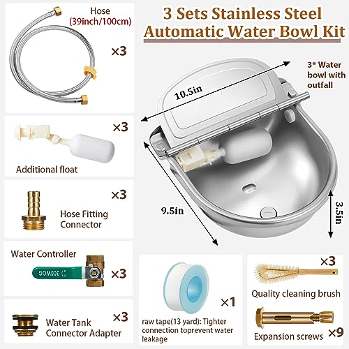 Tessco for you 3 Sets Automatic Animal Drinking Water Bowl, 304 Stainless Steel Livestock Waterer Dispenser for Dog Horse Goat Pig Cow, 4l/135oz with Float Valve and Water Tank, Drinking Trough