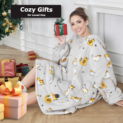THREE POODLE Wearable Blanket Hoodie for Women, Oversized Sherpa Sweatshirt Blanket for Adults Men, Cozy Cat Hooded Blankets, Gifts for Teen Girls Women Mom Sister - color: Cat, size: Adult