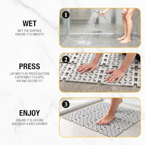 HITSLAM Shower Mat Anti Slip, 24x24 Inch Cut to Fit No Odor Soft TPE Shower Stall Mat, Square Bath Mat with Suction Cups and Drain Holes, Soft on Feet, Grey - color: Grey