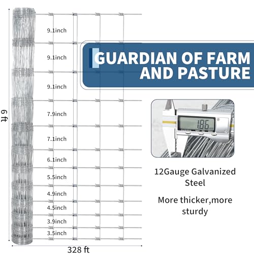 Livestock Fence, 6Ft x 328Ft Galvanized Wire Fencing, Cattle Farm Fence, Heavy Zinc Coated Deer Goat Cattle Fence for Farm Yard Livestock Protection - size: 6FT x 328FT