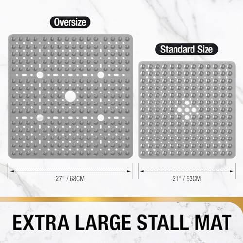 HITSLAM Square Shower Mat 27x27 Inch, Extra Large Non Slip Shower Mats for Inside Shower Stall, Anti Slip Bath Floor Mat with Strong Suction Cups & Drain Holes, Machine Washable, Grey - color: Grey