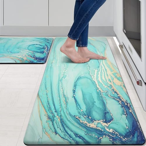 MAYHMYO Anti Fatigue Kitchen Mat for Floor Set of 2, 17.3"x 29"+ 17.3"x 47" | Comfort Mats, Cushioned, Non Slip, Waterproof Kitchen Rugs, Standing Mats, House, Sink, Office - color: Teal, size: 29"L X 17.3"W X 0.4"Th + 47"L X 17.3"W X 0.4"Th