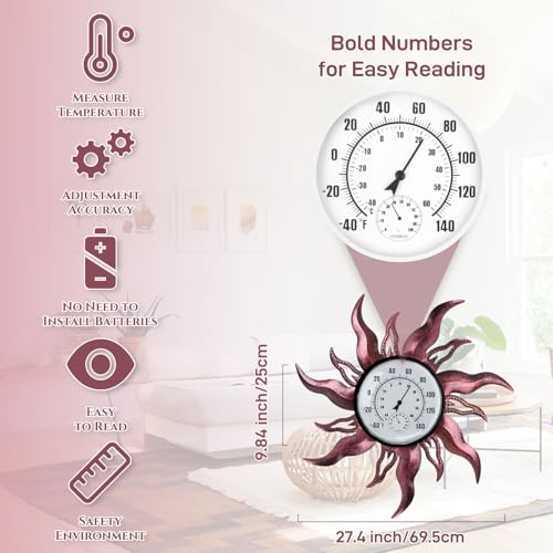 Large Sun Outdoor Thermometer, 27“ Metal Thermometer Outdoor Waterproof, Decorative Outdoor Thermometers for Patio, Outside Thermometer with Humidity(Copper) - color: A-Copper
