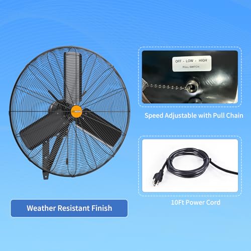 24 inch Outdoor Oscillating Wall Mounted Fan, High Velocity IPX4 Waterproof 7350 CFM Industrial Metal Wall Fan, 2 Speed, Adjustable Tilt, for Greenhouse, Patio, Garage, Workshop - size: 24 inch - Outdoor