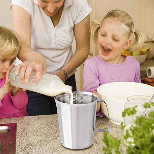 48Oz/6Cup Stainless Steel Pitcher (SUS304), 1.50 Liter Metal Container for Water, Milk, Liquid with Handle with Engraved Markings, Silver | SUS304 Metal Measuring Cup with Precision Engraved Markings, Mixing Pitcher for Baking, Frothing, Coffee, Milk and