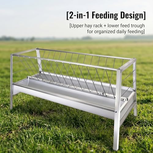 Hay Feeder, Goat Sheep Cattle Feeder, Livestock Hay Rack, Heavy Duty Livestock Feeder with Anti-Waste Grid, Dual-Compartment Metal Farm Feeding Trough for Outdoor Use