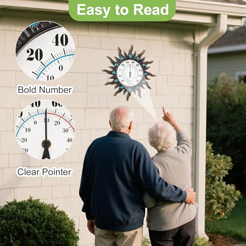 Outdoor Thermometer with Hygrometer, 12.4" Retro Sun Wall-Mounted Decor | Outdoor Waterproof Decor for Patio, Garden, Yard, Balcony, Garage, Indoor Room, Large Easy to Read No Batteries Required