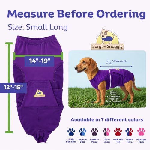 Surgi Snuggly Dog Surgery Recovery Suit, Cone Alternative, Spay/Neuter SL | Dog Recovery Suit for Dogs — Veterinarian-Invented Surgical Suit & Recovery Onesie with Easy Bathroom Access After Surgery - color: Perfect Plum, size: Small Long (L-12"-15" | G-1