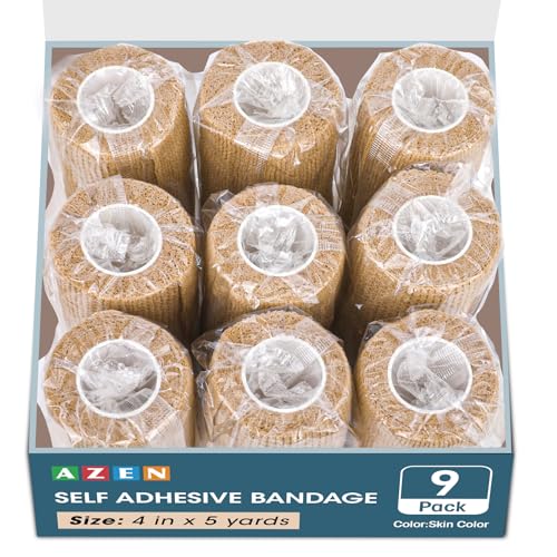 AZEN 9 Pack Self Adhesive Bandage Wrap, 4" X 5 Yards Elastic Cohesive Bandage Wrap, Skin Color Athletic Tape, Ankle Tape, Tattoo Grip Tape Wrap, Vet Wrap - color: Beige, size: 4IN - 9Pack