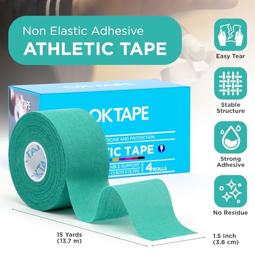 OK TAPE 4 Rolls Athletic Tape, Sports Tape for Injuries, Rigid, Easy Tear | Medical Tape, Wrist Tape, No Sticky Residue, Secure Ankle, Finger, Knee- 1.5inch x 15yards (Teal Blue) - color: Tear Blue-4 Rolls, size: 15 yards