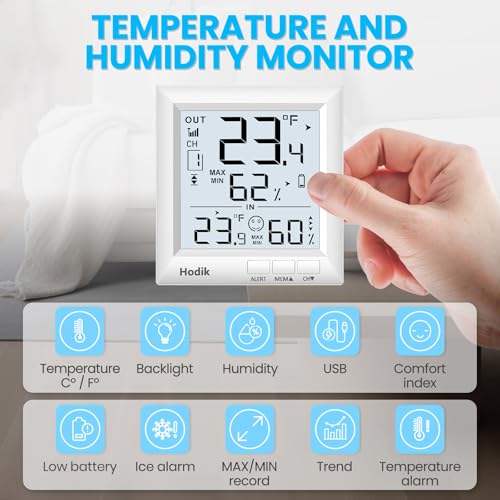 Indoor Outdoor Thermometer Weather Station Wireless, Digital Room Thermometer with Large LCD Display, Temperature Humidity Monitor with 330FT Range Sensor and 3 Adjustable Backlight (One Sensor)