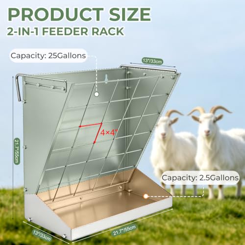 2 in 1 Wall Mount Hay and Grain Feeder, 25 Gallons Livestock Feeder | Galvanized Steel Wall Hay Rack, Hanging Hay Feeder with Mounting Kit for Goats Sheep Horse, Slow Feeder for Goats with Trough