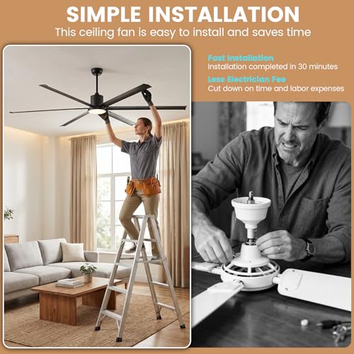 Newday 96Inch Large Industrial Ceiling Fan with Light Remote, Reversible DC | 11500 CFM HVLS, 6 aluminum blades, heavy-duty airflow, large space cooling for commercial shop, barn, patio - size: 96 Inch